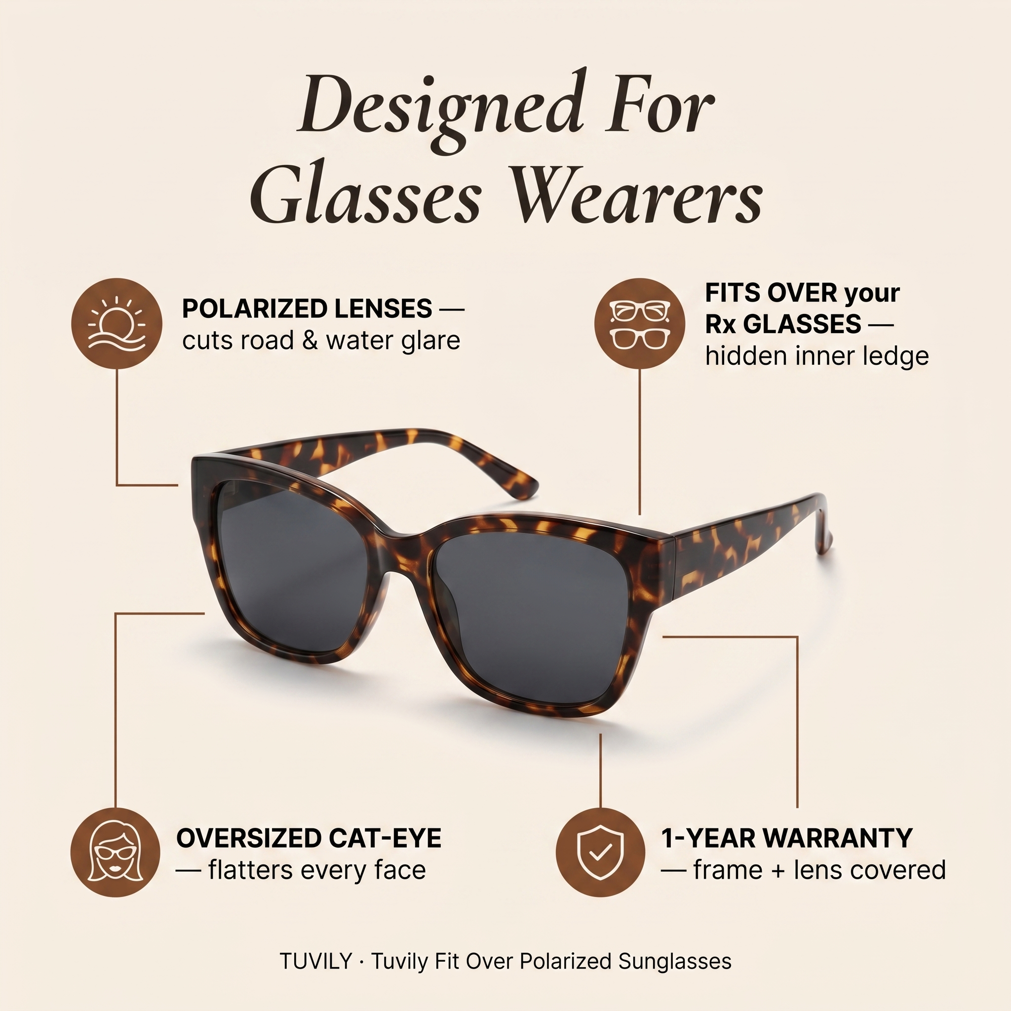 Tuvily Fit Over — Features (polarized, fits over Rx, cat-eye, warranty)