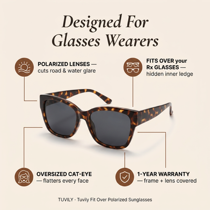Tuvily Fit Over — Features (polarized, fits over Rx, cat-eye, warranty)